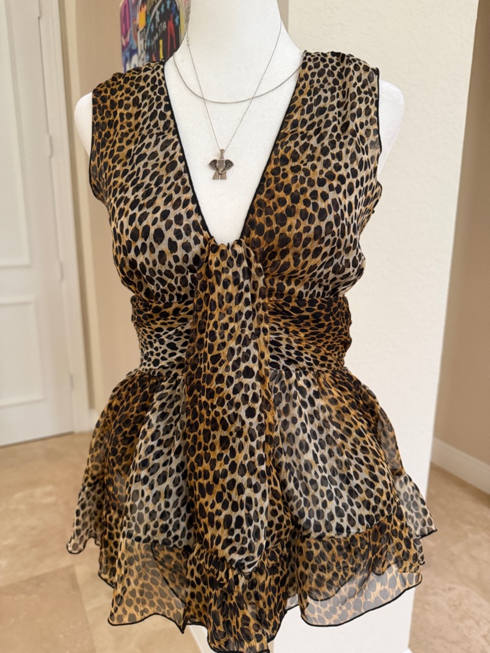 Dolce & Gabbana Leopard Print Silk Tie-Front Peplum Top - Brown Black
